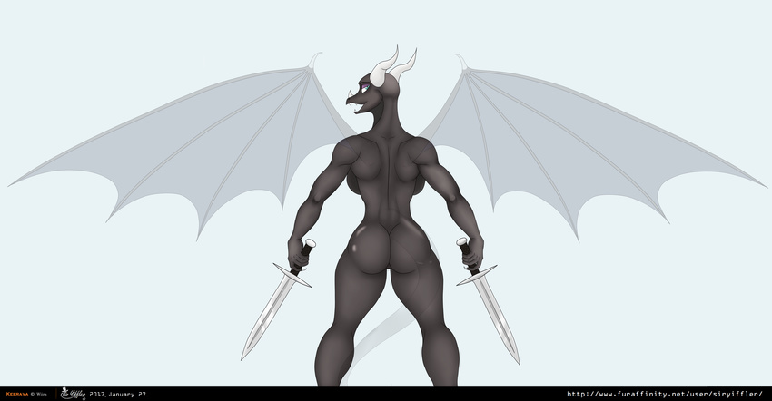 anthro butt dragon exercise female invalid_tag keerava looking_at_viewer melee_weapon nude solo sword weapon wiira wings workout yiffler