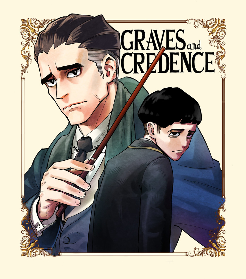 black_eyes black_hair black_neckwear border bowl_cut bright_pupils character_name coat credence_barebone fantastic_beasts_and_where_to_find_them highres looking_at_viewer male_focus multiple_boys necktie no_pupils percival_graves projected_inset shibata_yuusaku simple_background tan_background traditional_media undercut