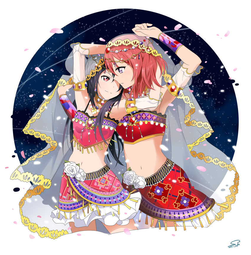 absurdres alternate_costume arabian_clothes arm_around_neck armlet armpits arms_up black_hair bracer choker cowboy_shot dancer dancing detached_sleeves eye_contact flower gem headdress highres jewelry light_particles long_hair looking_at_another looking_to_the_side love_live! love_live!_school_idol_festival love_live!_school_idol_project midriff multiple_girls navel nishikino_maki petals profile purple_eyes red_eyes red_hair rose short_hair signature skirt smile star_(sky) suan_ringo veil yazawa_nico