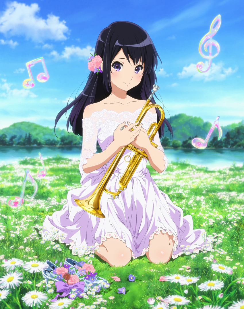 artist_request bare_shoulders beamed_eighth_notes black_hair blurry blush cloud cloudy_sky day depth_of_field dress eighth_note field flower flower_field glass_slipper hair_flower hair_ornament hibike!_euphonium highres instrument kousaka_reina lake long_hair musical_note official_art purple_eyes shoes_removed sitting sky smile solo treble_clef trumpet wariza white_dress