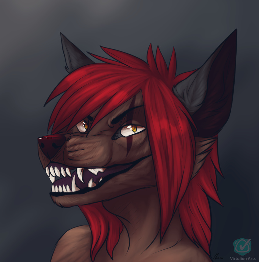 ambiguous_gender anthro canine fangs fur hair looking_at_viewer mammal open_mouth scar smile solo teeth zumjakal