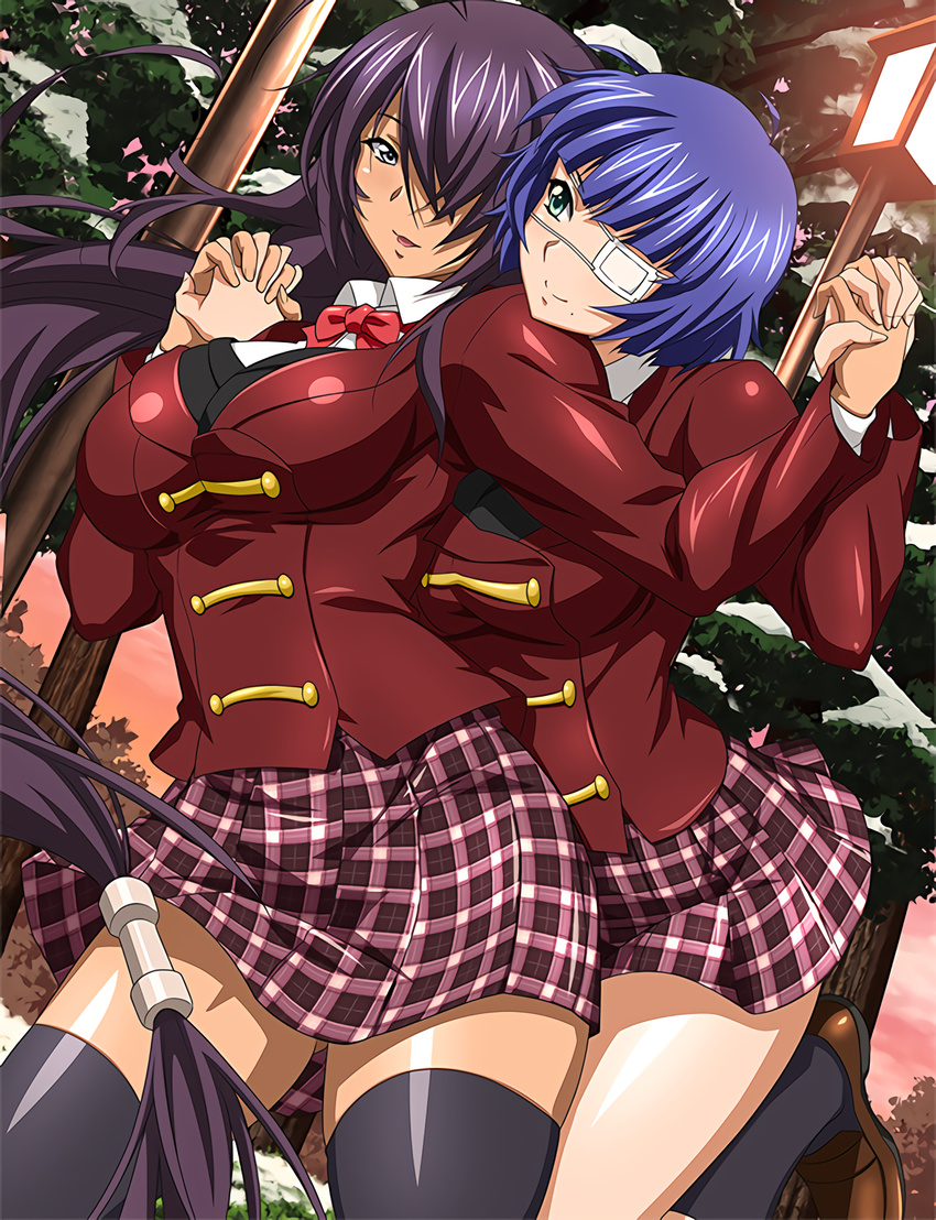 2girls blue_eyes blue_hair breasts green_eyes ikkitousen kan'u_unchou large_breasts multiple_girls purple_hair ryomou_shimei skirt smile standing uniform