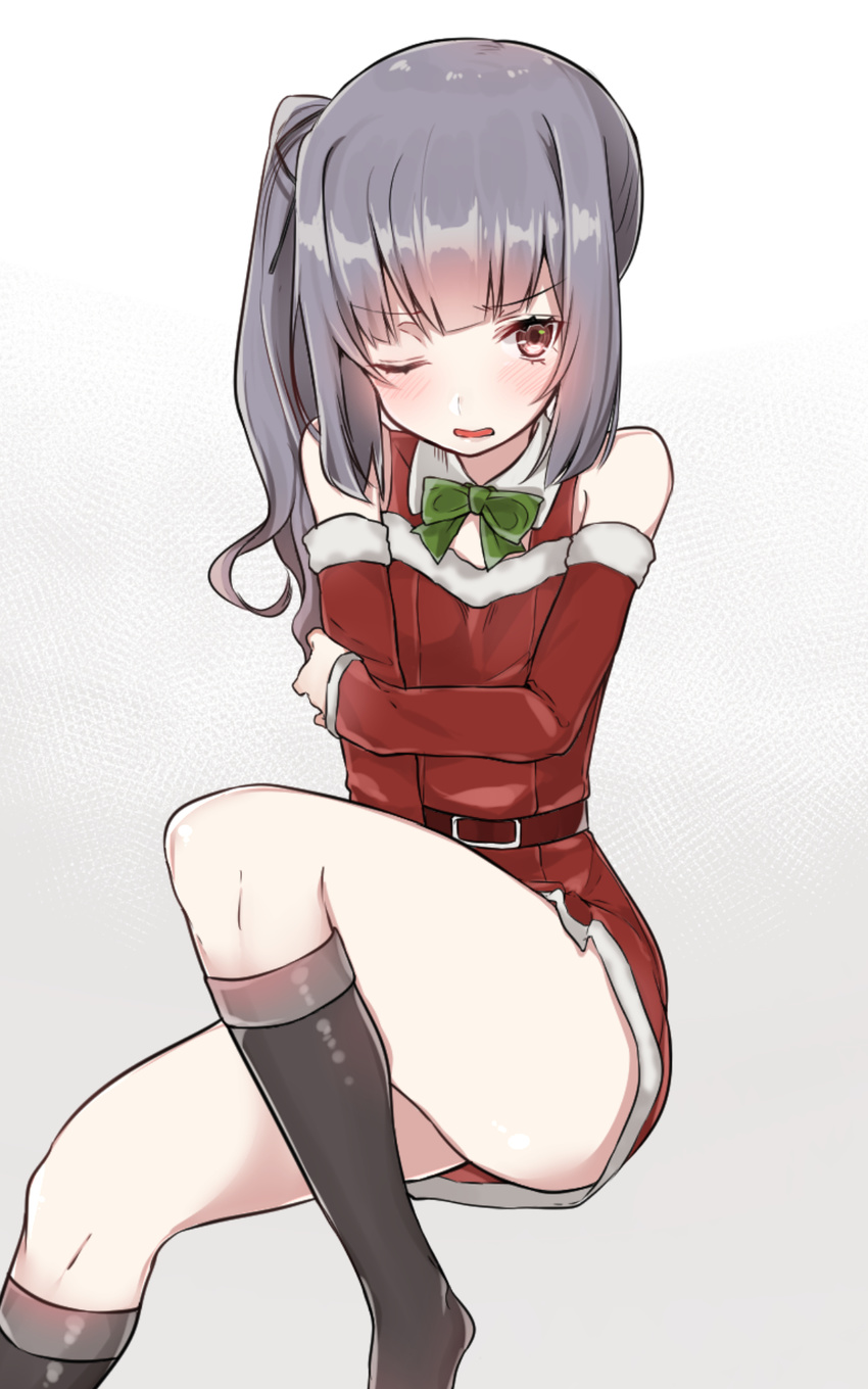 alternate_costume arm_warmers bare_shoulders black_legwear blush bow brown_eyes dress grey_hair hair_bow highres kantai_collection kasumi_(kantai_collection) mitsudoue off-shoulder_dress off_shoulder one_eye_closed red_dress santa_costume short_dress side_ponytail sidelocks sitting solo thighs wavy_mouth