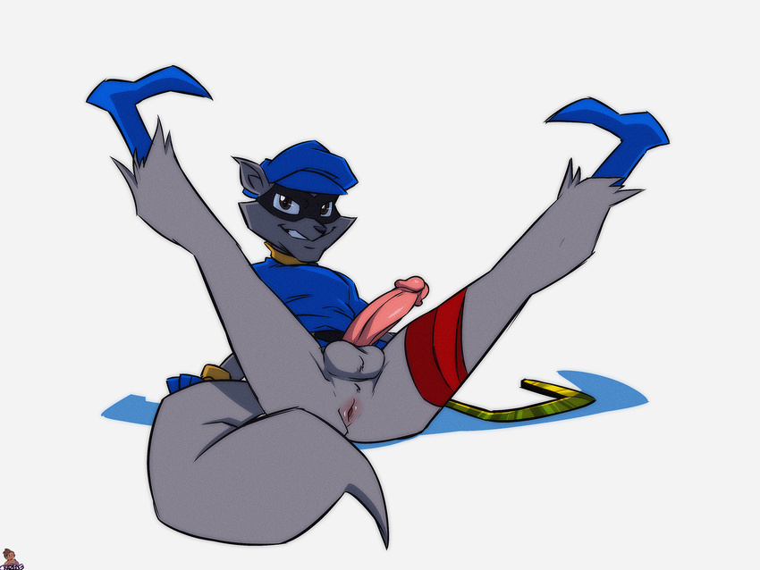 anthro anus balls bottomless butt circumcised clothed clothing crazedg erection fur grin humanoid_penis legs_up looking_at_viewer lying male mammal naughty_face on_back penis perineum pinup pose presenting raccoon reclining signature sly_cooper sly_cooper_(series) solo spread_legs spreading video_games