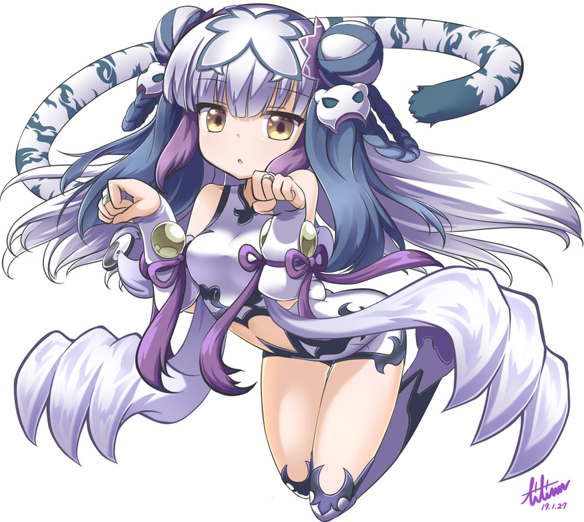 bare_shoulders blue_hair braid bridal_gauntlets chinese_clothes commentary dated double_bun hair_ornament haku_(p&amp;d) lilium0235 long_hair looking_at_viewer multicolored_hair open_mouth paw_pose purple_hair puzzle_&amp;_dragons signature solo tail tiger_tail white_hair yellow_eyes yin_yang