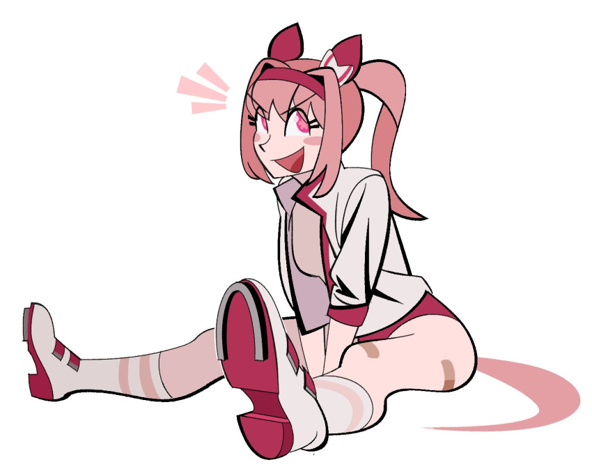 1girl 20years animal_ears boots buruma commentary_request emphasis_lines flower-shaped_pupils hair_intakes hand_between_thighs haru_urara_(umamusume) horse_ears horse_girl horse_tail horseshoe jacket korean_commentary open_clothes open_jacket open_mouth pink_hair ponytail purple_eyes red_buruma sidelocks simple_background sitting smile solo stretching symbol-shaped_pupils tail umamusume white_background white_boots white_jacket