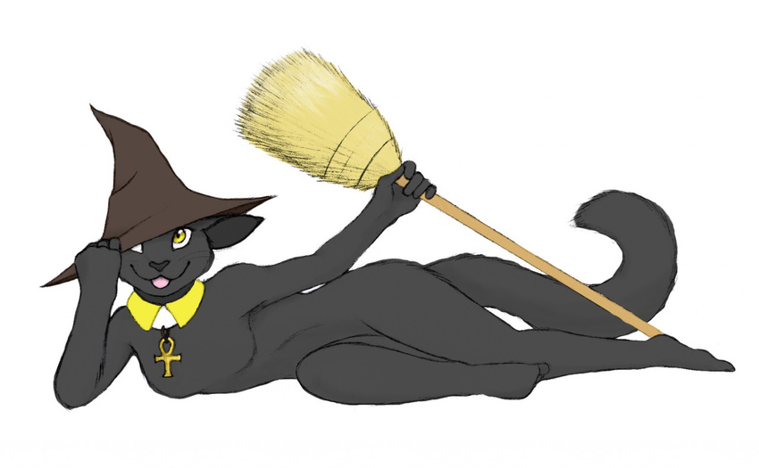 ankh anthro black_fur broom collar darkvrain4 feline female fur hat housepets! lying mammal sabrina_(housepets!) seductive simple_background smile tongue tongue_out witch_hat yellow_eyes