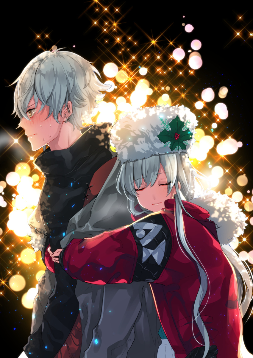 1boy 1girl anastasia_(fate/grand_order) black_background black_sweater blush coat couple embarrassed eyes_closed fate/grand_order fate_(series) from_side hat highres hug hug_from_behind kadoc_zemlupus long_hair open_clothes open_coat red_coat shika_(isk_mjkss) silver_hair smile sweater turtleneck turtleneck_sweater upper_body white_hat winter_clothes winter_coat yellow_eyes