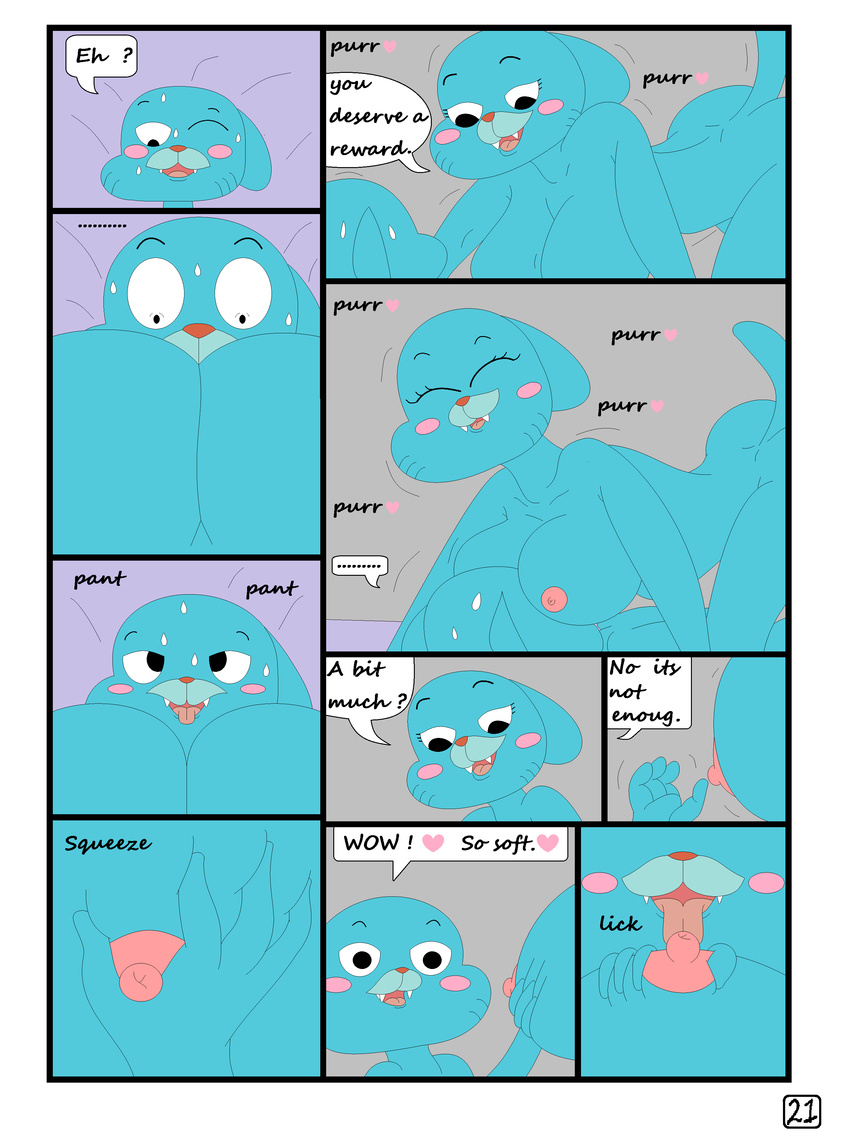 anthro bed breasts cartoon_network cat comic duo english_text feline mammal nicole_watterson nipples nude pussy text the_amazing_world_of_gumball weirdoxs