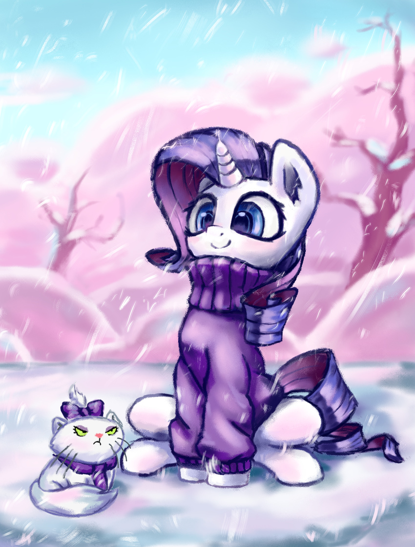 2016 absurd_res blue_eyes cat clothed clothing duo equine feline female feral friendship_is_magic hair hi_res hooves horn inowiseei mammal my_little_pony opalescence_(mlp) outside purple_hair rarity_(mlp) smile snow tree unicorn whiskers