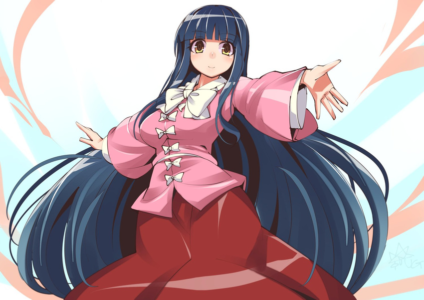 black_hair blouse blush bow bowtie breasts closed_mouth commentary_request cowboy_shot hime_cut houraisan_kaguya long_hair long_sleeves medium_breasts pink_blouse red_skirt sidelocks skirt smile solo spread_legs touhou umigarasu_(kitsune1963) very_long_hair white_bow white_neckwear wide_sleeves yellow_eyes