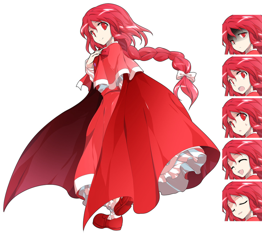 :d bangs bow braid cape capelet closed_eyes closed_mouth commentary_request dairi eyebrows_visible_through_hair frills from_side full_body hair_between_eyes hand_on_own_chest long_braid long_hair long_sleeves looking_at_viewer multiple_views okazaki_yumemi open_mouth red_cape red_eyes red_footwear red_hair shaded_face shoes simple_background single_braid smile sweat tachi-e touhou touhou_(pc-98) white_background white_bow