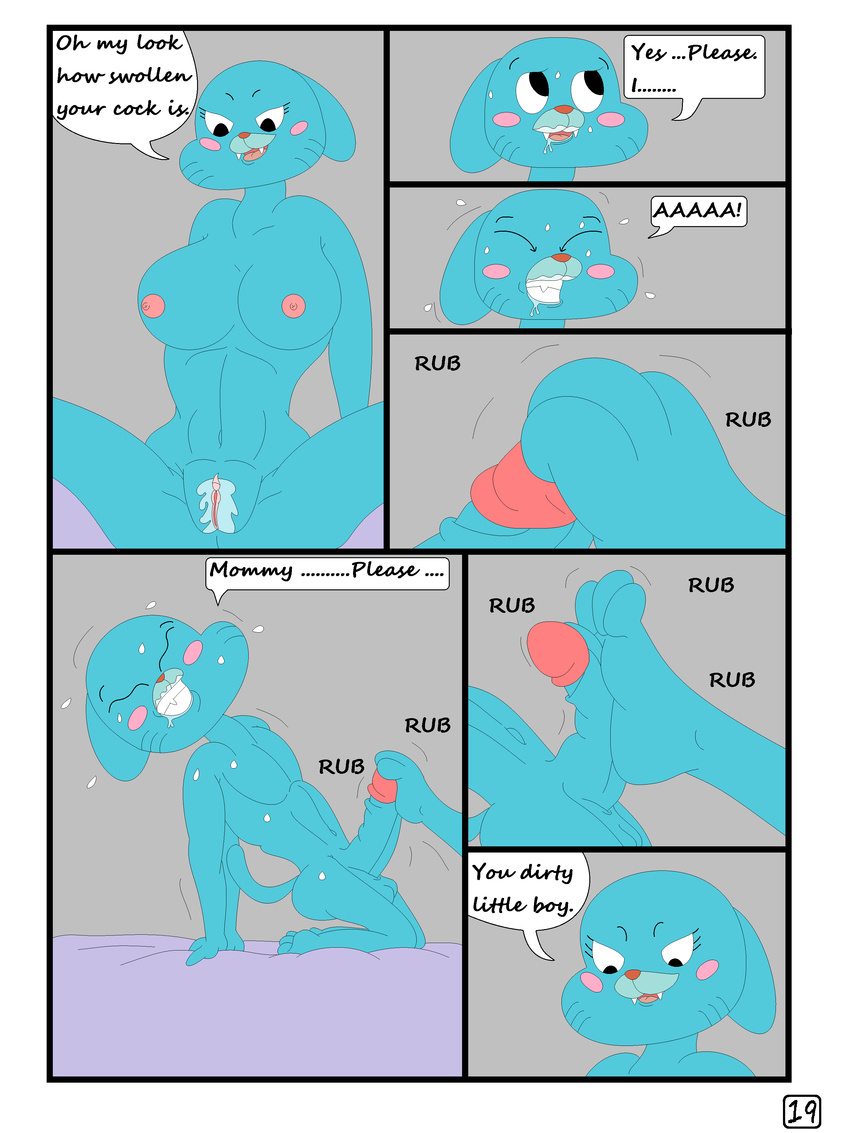 anthro bed breasts cartoon_network cat comic duo english_text feline mammal nicole_watterson nipples nude pussy spread_pussy spreading text the_amazing_world_of_gumball weirdoxs