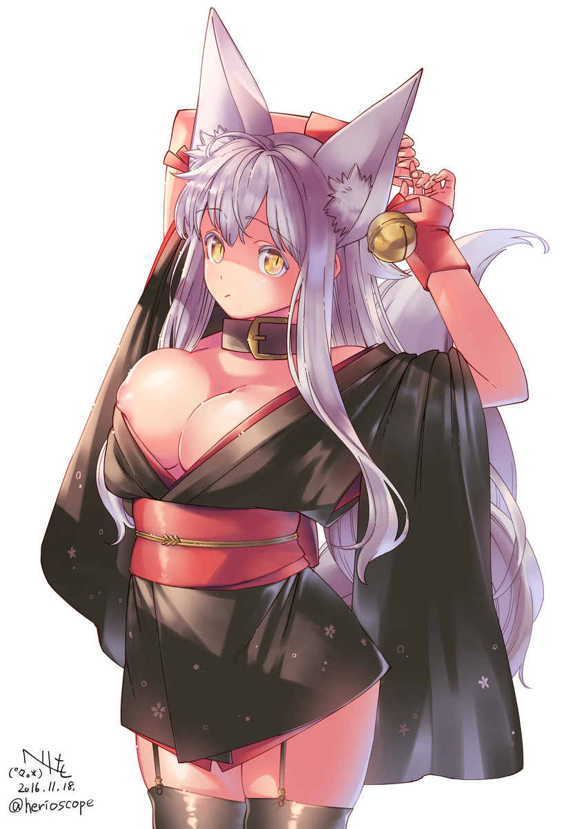 animal_ears arms_up bare_shoulders bell belt breasts buckle dated fox_ears fox_tail garter_straps heriwo_(haraheridou) highres inverted_nipples japanese_clothes kimono large_breasts long_hair nipple_slip nipples obi original sash shaded_face signature silver_hair simple_background solo tail thighhighs white_background wide_sleeves yellow_eyes