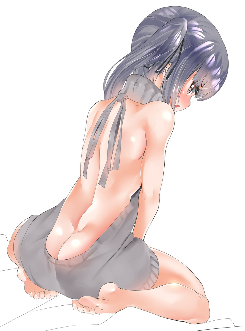 absurdres arm_support backless_dress backless_outfit bare_back bare_shoulders blush breasts brown_eyes butt_crack colored_eyelashes dress from_behind full_body grey_hair grey_sweater halterneck highres kantai_collection kasumi_(kantai_collection) looking_at_viewer looking_back meme_attire naked_sweater no_bra no_panties satou_pikuta sitting small_breasts soles solo sweater sweater_dress turtleneck turtleneck_sweater virgin_killer_sweater