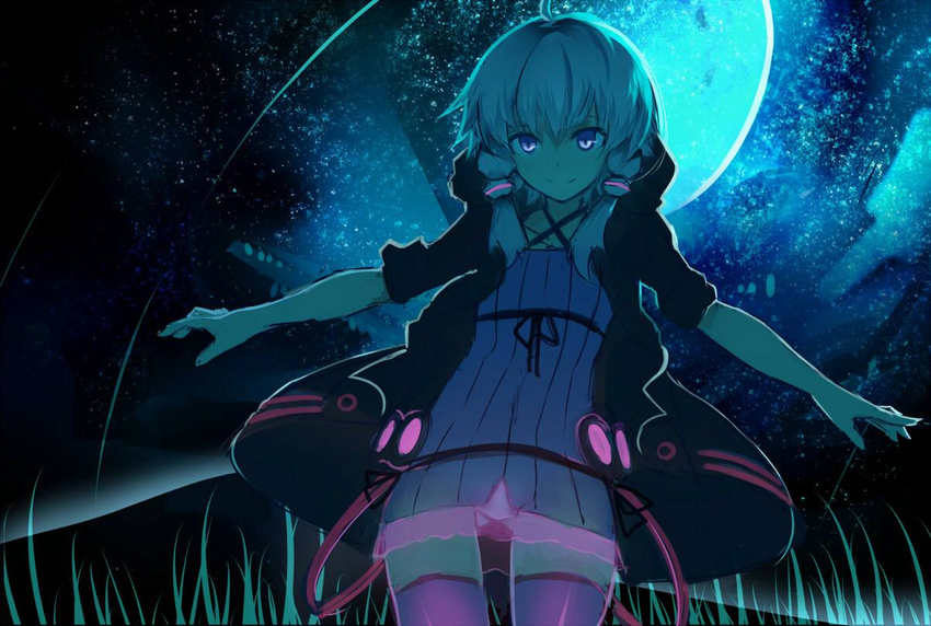 ahoge ass_visible_through_thighs bangs chiruru96 closed_mouth commentary_request cowboy_shot dress full_moon hair_tubes hood hood_down hoodie looking_at_viewer moon night night_sky open_clothes open_hoodie outstretched_arms purple_eyes purple_legwear short_dress short_hair_with_long_locks sky smile solo spread_arms star_(sky) starry_sky striped thighhighs vertical-striped_dress vertical_stripes vocaloid voiceroid white_hair yuzuki_yukari