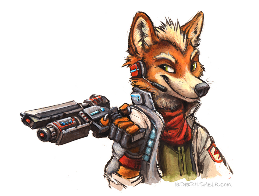 2017 5_fingers anthro biped black_nose bust_portrait canine claws clothed clothing eyebrows fingerless_gloves fox fox_mccloud front_view fur gloves green_eyes gun hair headphones headset holding_object holding_weapon jacket kenket laser_gun looking_at_viewer male mammal mohawk multicolored_fur nintendo orange_fur portrait ranged_weapon scarf simple_background smile smirk snout solo star_fox traditional_media_(artwork) two_tone_fur url video_games weapon whiskers white_background white_clothing white_fur white_hair white_topwear