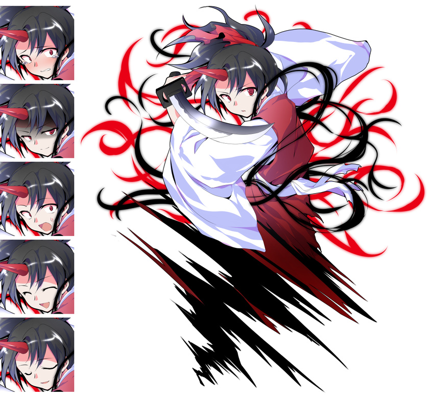 :d bangs black_hair blush closed_eyes closed_mouth commentary_request dairi holding holding_sword holding_weapon horn konngara long_sleeves looking_at_viewer multiple_views open_mouth ponytail red_eyes shaded_face simple_background smile sweat sword tachi-e tears touhou touhou_(pc-98) weapon white_background