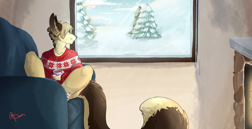 anthro canine clothed clothing fireplace fur girly hair inside male mammal osiris_henschel redpixie sitting smile solo