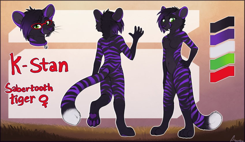 2018 anthro aseethe breasts digital_media_(artwork) eyewear featureless_breasts feline female fur glasses mammal model_sheet nude purple_fur saber-toothed_cat solo standing striped_fur stripes