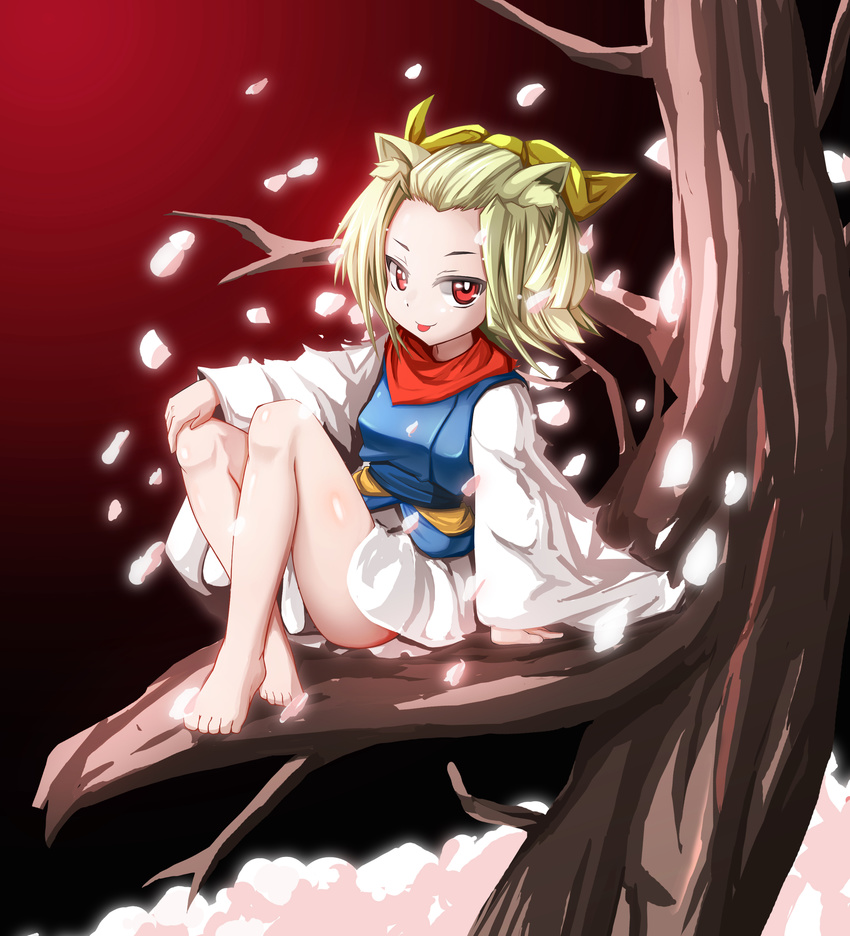 1girl animal_ears barefoot blonde_hair duel_monster feet female ghost_ash_&amp;_beautiful_spring gradient_background japanese_clothes looking_at_viewer petals red_background red_eyes sitting solo spirit-edge tongue tongue_out tree yu-gi-oh! yuu-gi-ou_duel_monsters