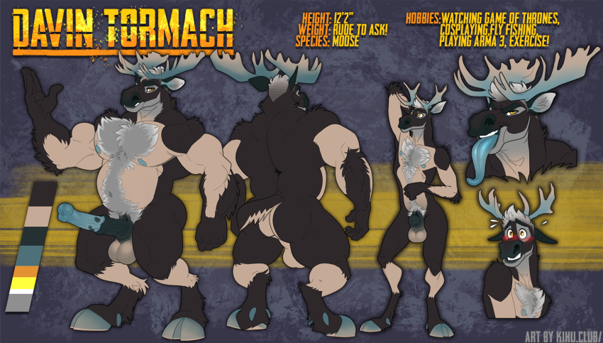 2019 5_fingers animal_genitalia animal_penis anthro antlers backsack balls biceps blush body_hair butt cervine chest_hair cloven_hooves elbow_tufts english_text equine_penis erection flaccid hair hi_res hooves horn kihu long_tongue male mammal medial_ring model_sheet moose mottled_penis muscular muscular_male navel nipples nude pecs penis perineum sheath solo standing stomach_hair text tongue tongue_out tuft