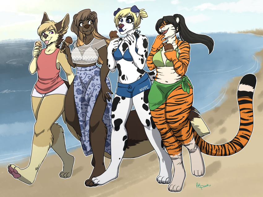 anthro beach bikini canine clothed clothing crossdressing dessert feline female food girly group ice_cream male mammal mustelid otter outside overweight redpixie seaside smile standing swimsuit tiger