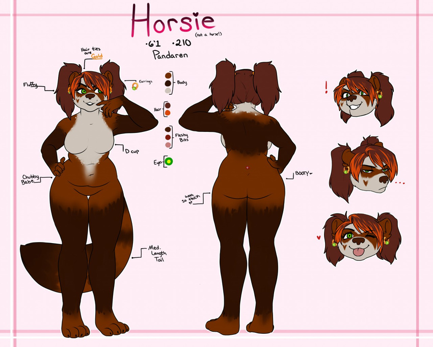 anthro female horsie looking_at_viewer mammal model_sheet nude overweight pandaren red_panda redpixie smile solo standing video_games warcraft