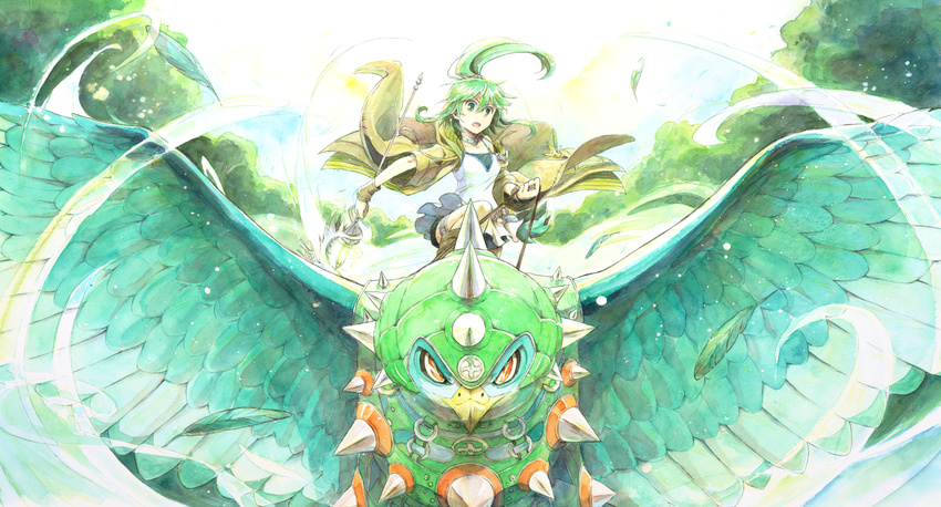 beak bird breasts collar collarbone daigusto_gulldos duel_monster gloves green_eyes green_hair gusto_gulldo hair_ornament jacket jewelry long_hair medium_breasts mizutama_(mizutamalion) necklace open_mouth ponytail shorts solo staff traditional_media watercolor_(medium) winda_priestess_of_gusto yuu-gi-ou