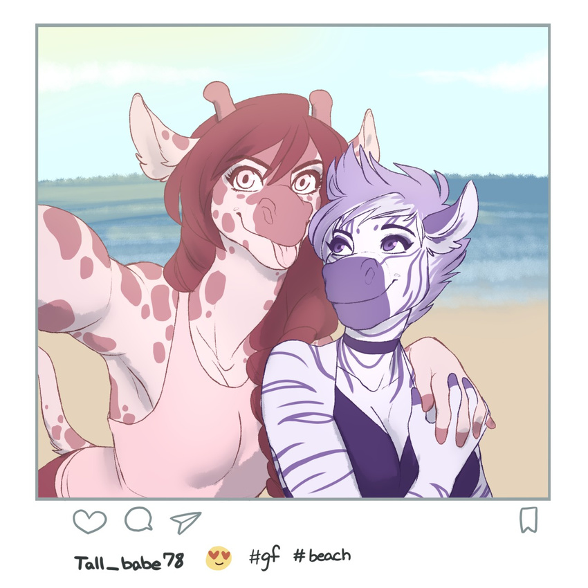 anthro clothed clothing duo equine female giraffe hair instagram mammal redpixie selfie smile tongue tongue_out zebra