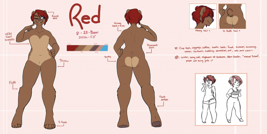 anthro bear butt english_text female flat_chested fur hair mammal model_sheet nude overweight redpixie smile solo standing teeth text