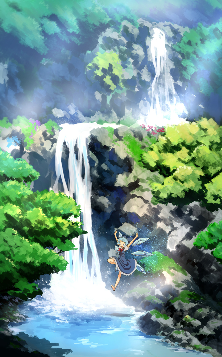 bare_legs barefoot blue_dress blue_eyes blue_hair bow bowtie cirno commentary_request dress flying highres ice ice_wings mountain nature puffy_short_sleeves puffy_sleeves scenery shiya short_sleeves solo touhou tree water waterfall wings