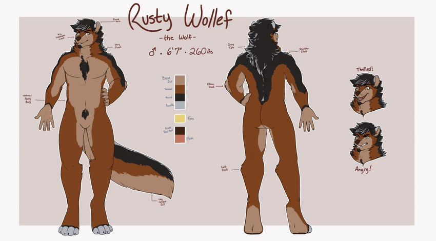 anthro canine english_text fur hair looking_at_viewer male mammal model_sheet nude redpixie smile solo standing text