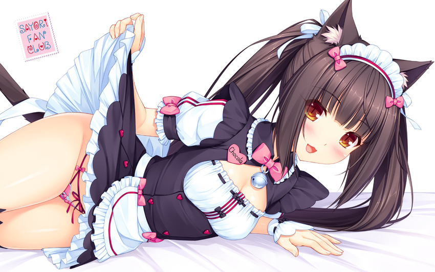 :3 :d animal_ears apron artist_name bangs bed_sheet bell blunt_bangs blush bow bow_panties bowtie breasts brown_eyes brown_hair cat_ears cat_tail character_name chocola_(sayori) cleavage_cutout fanbox_reward frilled_apron frills hair_ribbon heart highres jingle_bell long_hair looking_at_viewer lying maid maid_headdress name_tag nekopara official_art on_side open_mouth paid_reward panties pink_panties puffy_short_sleeves puffy_sleeves ribbon ribbon-trimmed_clothes ribbon_trim sayori short_sleeves simple_background skirt skirt_lift slit_pupils small_breasts smile solo tail thighs twintails underwear waist_apron wallpaper white_background wrist_cuffs