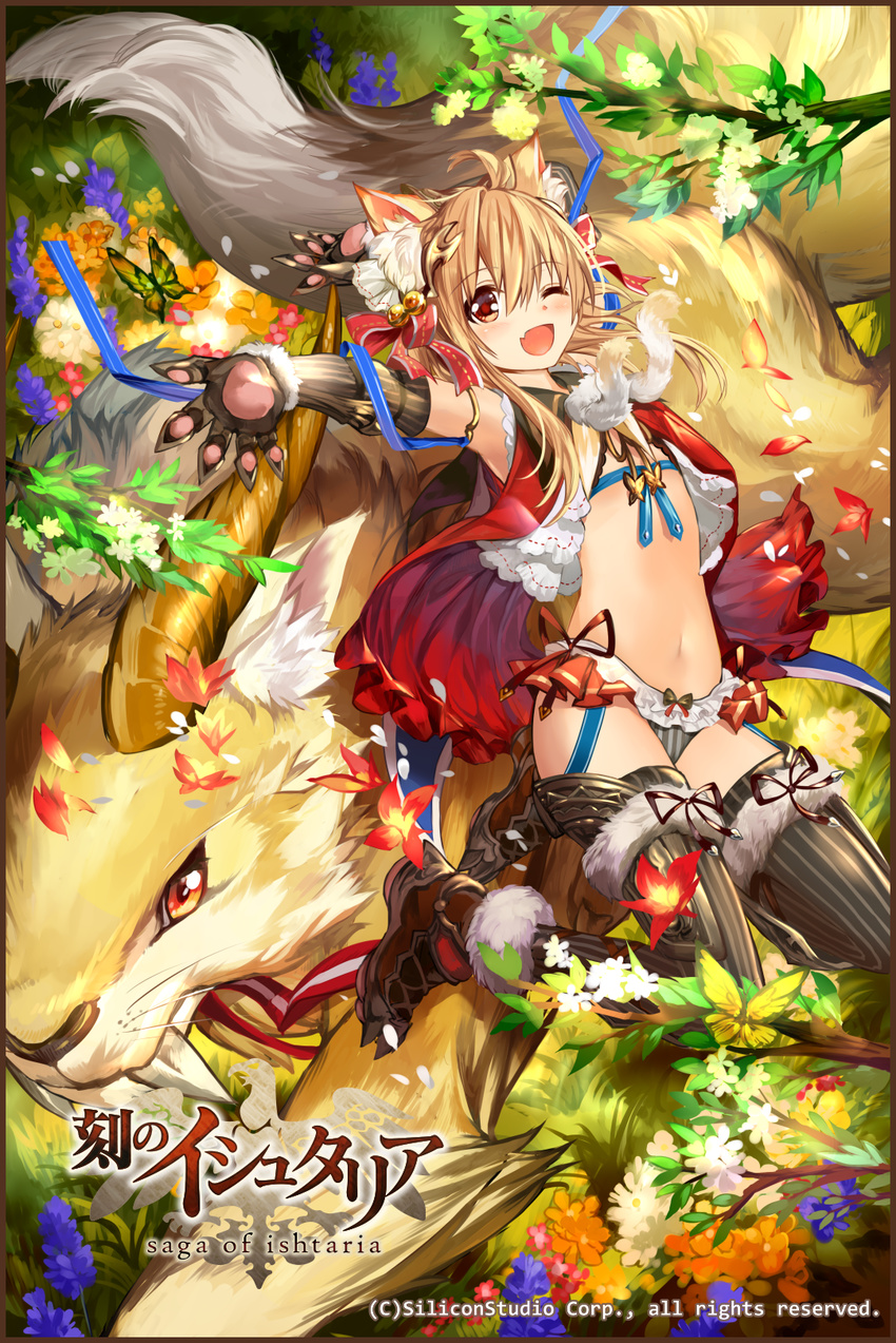 age_of_ishtaria animal animal_ears blonde_hair fang gloves highres mizushirazu navel official_art open_mouth original paw_gloves paws red_eyes short_hair_with_long_locks solo thighhighs