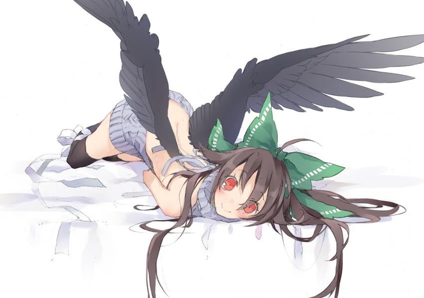 backless_dress backless_outfit bare_back black_hair black_legwear black_wings blush bow dress full_body green_bow hair_bow halterneck long_hair looking_at_viewer lying meme_attire red_eyes reiuji_utsuho simple_background smile solo sweater sweater_dress thighhighs touhou toutenkou virgin_killer_sweater white_background white_sweater wings