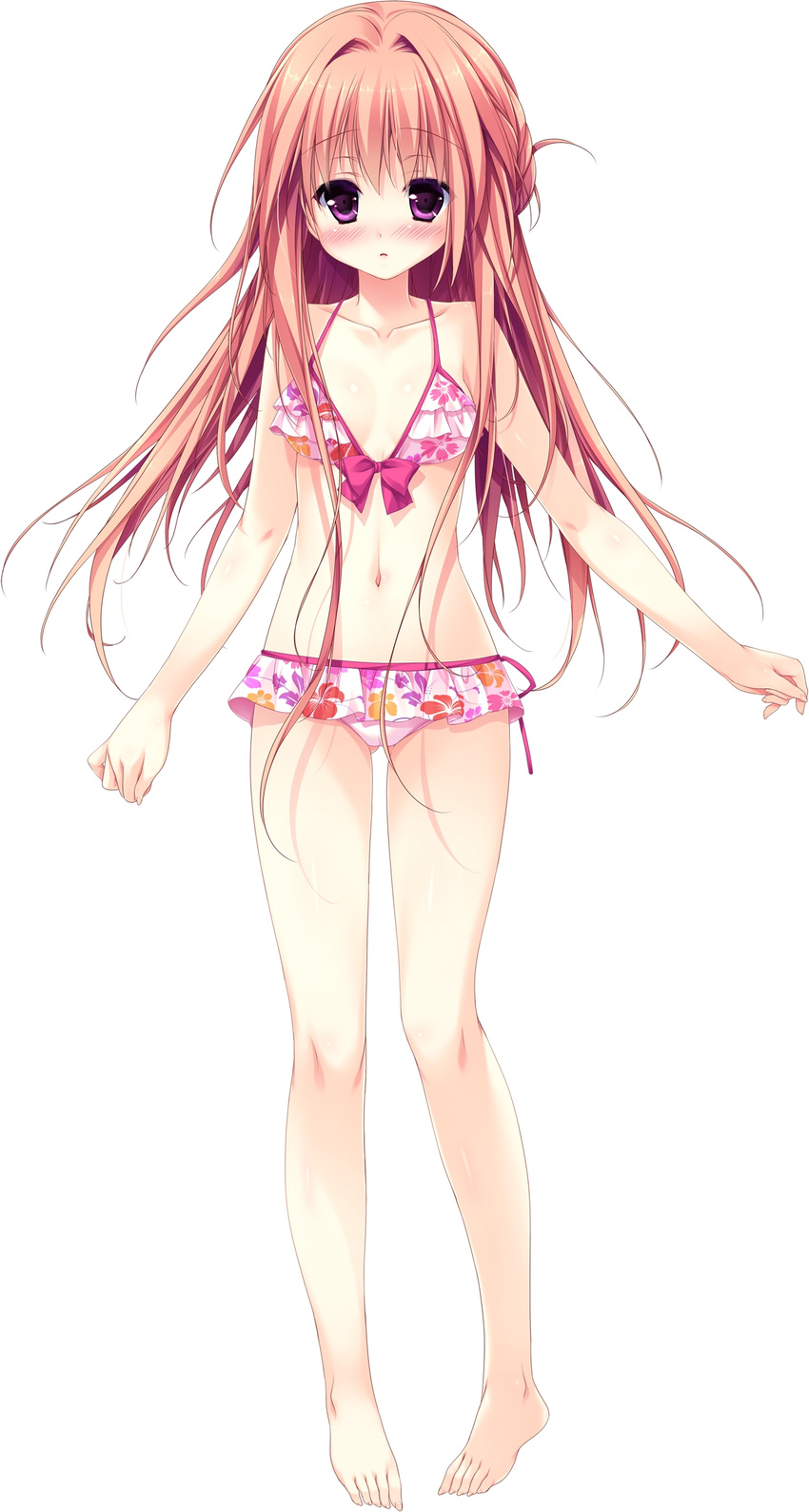 :o absurdres barefoot bikini bikini_skirt blush bow_bikini braid floral_print french_braid frilled_bikini frills full_body hair_intakes hatsuhime_iroha highres koko_kara_natsu_no_innocence! long_hair looking_at_viewer navel pink_hair purple_eyes sesena_yau simple_background solo swimsuit white_background