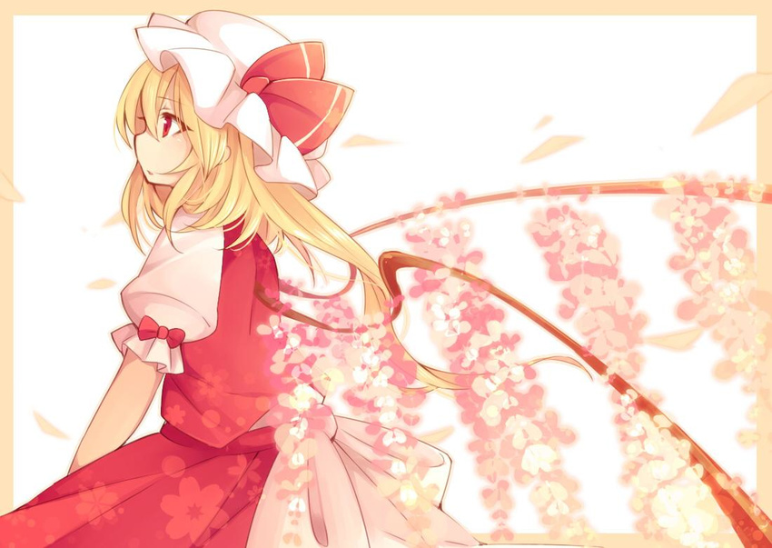 alternate_wings blonde_hair bow cherry_blossoms closed_mouth flandre_scarlet from_side hat hat_ribbon long_hair looking_away mob_cap profile puffy_short_sleeves puffy_sleeves red_eyes red_ribbon ribbon short_sleeves side_ponytail skirt skirt_set solo tama_(soon32281) touhou wings