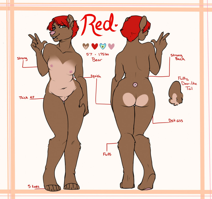 anthro bear breasts facial_piercing female hair lip_piercing looking_at_viewer mammal model_sheet nipples nude overweight piercing pussy redpixie smile solo standing