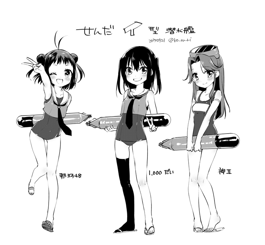 3girls ;d alternate_costume ammunition arm_up artist_name bare_arms bare_legs bare_shoulders breasts cleavage collarbone covered_navel cowboy_shot crop_top double_bun double_v elbow_gloves full_body gloves goggles goggles_on_head greyscale grin highres holding jintsuu_(kantai_collection) kantai_collection koruri long_hair looking_at_viewer monochrome multiple_girls naka_(kantai_collection) necktie number_pun old_school_swimsuit one-piece_swimsuit one_eye_closed open_mouth parted_lips pun reverse_translation round_teeth running sandals school_swimsuit sendai_(kantai_collection) short_hair short_twintails simple_background single_thighhigh sleeveless small_breasts smile standing swimsuit teeth thigh_gap thighhighs torpedo translated twintails twitter_username v v_arms white_background