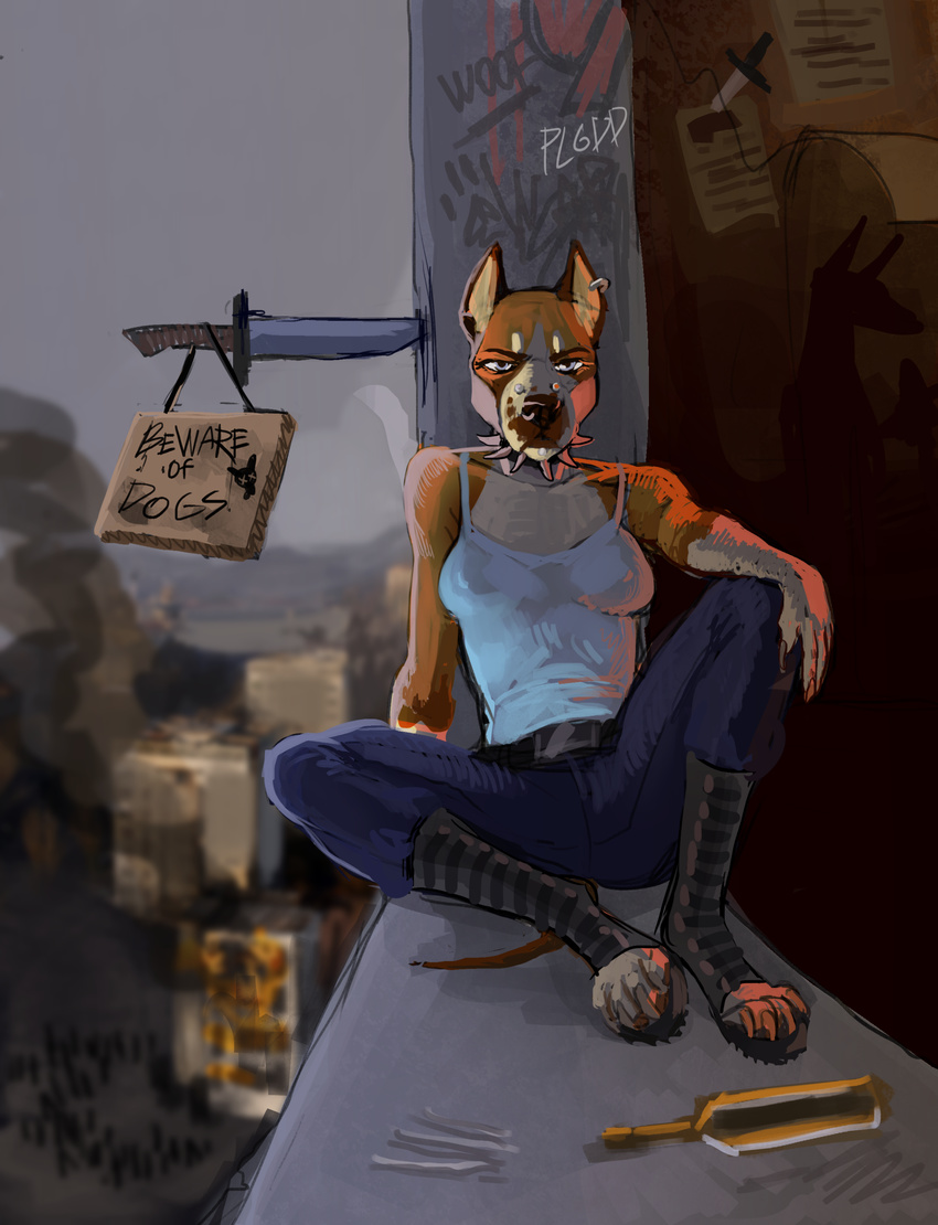 anthro armpits boots canine clothed clothing collar dagger female footwear knife looking_at_viewer mammal melee_weapon plgdd sitting solo spiked_collar spikes weapon