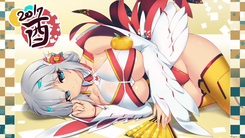 2017 android artist_name bangs bare_shoulders blue_eyes breasts camellia chicken_costume chinese_zodiac cleavage closed_mouth collarbone commentary_request dangan_neko detached_sleeves eyebrows_visible_through_hair fan flower folding_fan grey_hair hair_flower hair_ornament halterneck highleg highres kanzashi large_breasts leotard light_smile looking_at_viewer lying on_side oppai_mochi orange_legwear original red_flower red_leotard russia_(dangan_neko) sidelocks signature silver_hair smile solo symbol-shaped_pupils thighhighs thighs underboob wallpaper year_of_the_rooster