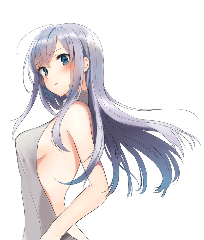 backless_dress backless_outfit bangs blush breasts commentary_request dress eyebrows_visible_through_hair floating_hair from_side green_eyes hair_between_eyes halterneck highres long_hair looking_at_viewer medium_breasts meme_attire naked_sweater original parted_lips ribbed_sweater shiorinda sideboob silver_hair simple_background solo sweater sweater_dress turtleneck turtleneck_sweater upper_body virgin_killer_sweater white_background