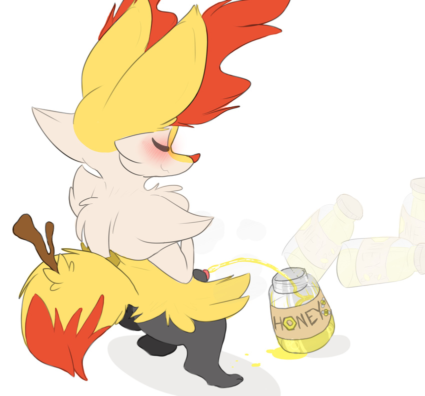 2017 animal_genitalia anthro backsash blush braixen canine digital_media_(artwork) english_text eyes_closed fox fur hair male mammal nintendo peeing penis pok&eacute;mon simple_background smile standing text urine video_games watersports