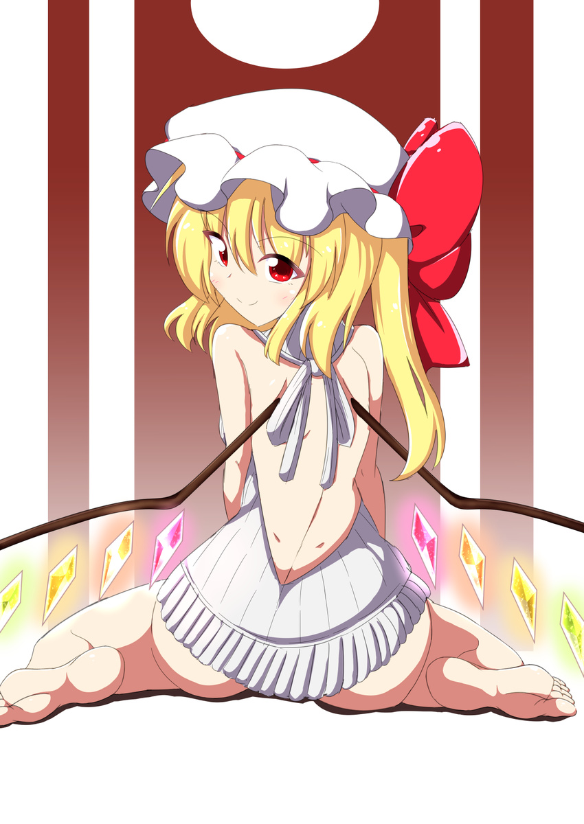 backless_dress backless_outfit bare_back blonde_hair bow commentary_request crystal dress flandre_scarlet frilled_hat frills halterneck hat hat_bow hat_ribbon highres kagayama_hajime kneeling looking_at_viewer looking_back meme_attire naked_sweater red_eyes red_ribbon ribbon side_ponytail smile solo sweater sweater_dress touhou virgin_killer_sweater white_hat wings