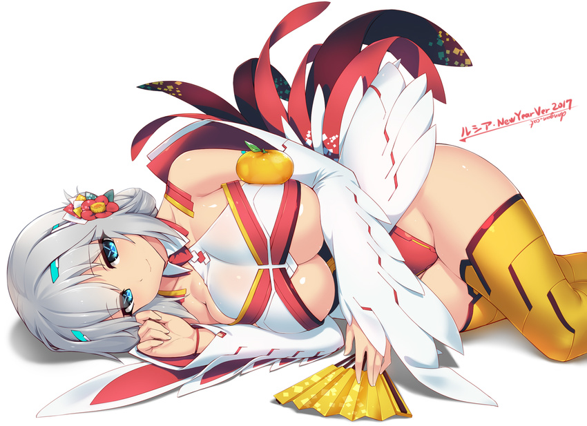 2017 android artist_name bangs bare_shoulders blue_eyes breasts camellia character_name chicken_costume chinese_zodiac cleavage closed_mouth collarbone dangan_neko detached_sleeves eyebrows_visible_through_hair fan flower folding_fan grey_hair hair_flower hair_ornament halterneck highleg kanzashi large_breasts leotard light_smile looking_at_viewer lying on_side oppai_mochi orange_legwear original red_flower red_leotard russia_(dangan_neko) sidelocks signature silver_hair simple_background smile solo symbol-shaped_pupils thighhighs thighs underboob white_background year_of_the_rooster