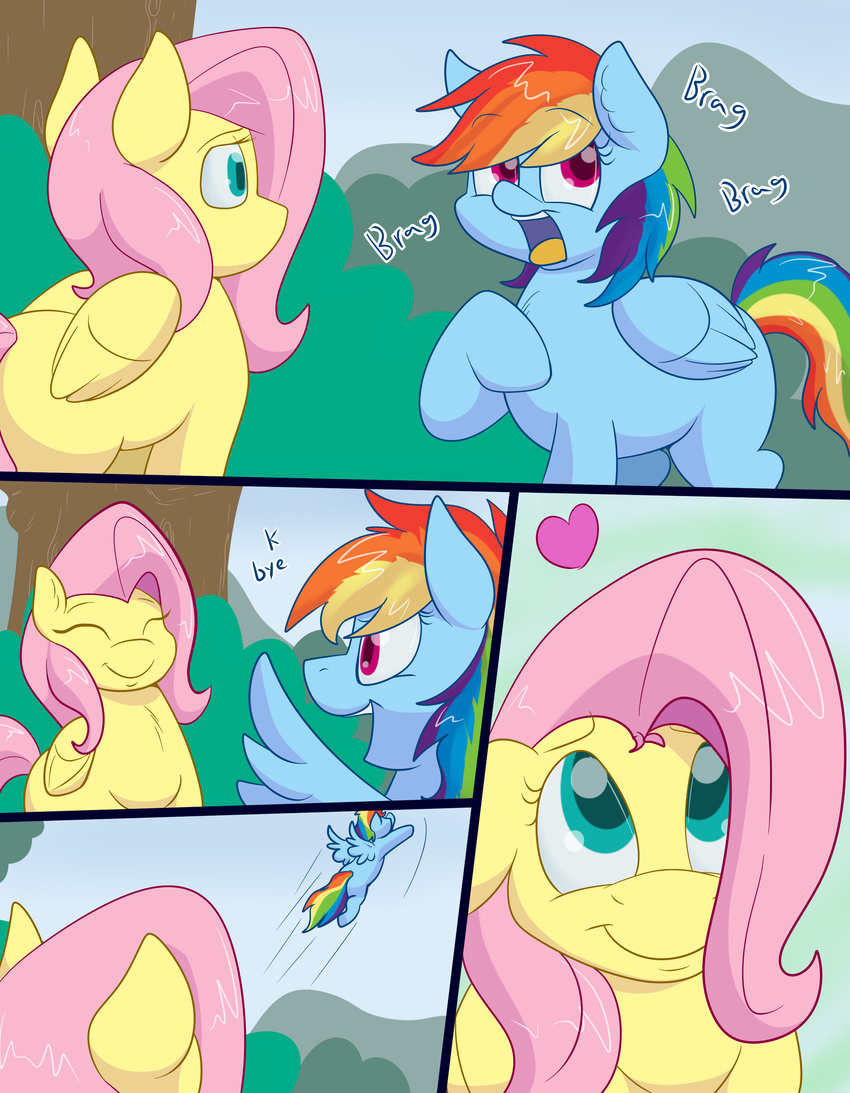 &lt;3 2016 blue_eyes blue_feathers comic cute day dialogue duo english_text equine feathered_wings feathers female female/female feral fluttershy_(mlp) friendship_is_magic hair hi_res mammal multicolored_hair multicolored_tail my_little_pony open_mouth orange_tongue outside pegasus pink_hair pink_tail plant purple_eyes rainbow_dash_(mlp) rainbow_hair rainbow_tail shrub skoon smile teeth text tree wings yellow_feathers