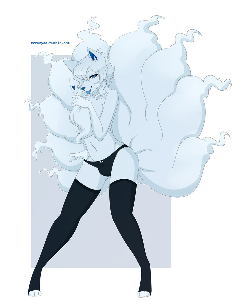 &lt;3 alolan_ninetales blue_eyes blue_fur bulge clothing fur girly hair legwear lipstick long_hair makeup merunyaa multi_tail ninetales nintendo panties pok&eacute;mon thigh_highs underwear video_games