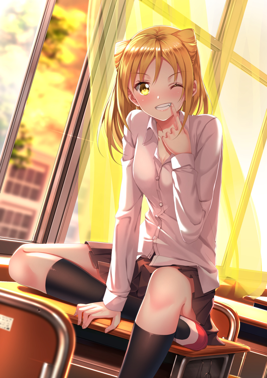 black_legwear blonde_hair blurry blush breasts brown_skirt chair cleavage collarbone collared_shirt curtains demi-chan_wa_kataritai depth_of_field desk dress_shirt dutch_angle eyebrows_visible_through_hair hair_between_eyes head_tilt highres indoors kneehighs long_hair long_sleeves looking_at_viewer medium_breasts on_desk open_window parted_lips pleated_skirt pointing school_desk school_uniform shirt shoes sitting skirt solo sunset swordsouls takanashi_hikari uwabaki vampire white_shirt window wing_collar yellow_eyes