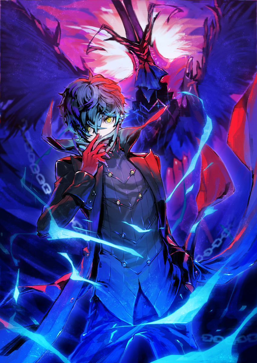 akiyoshi_nozomu amamiya_ren arsene_(persona_5) black_hair blue_eyes fire highres jacket looking_at_viewer male_focus mask persona persona_5 solo